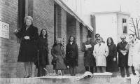 Photograph of Mrs. Beerman after placing the Cornerstone, 1973