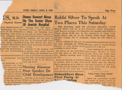 Newspaper clipping announcing two speeches from Rabbi E. Silver, 1960