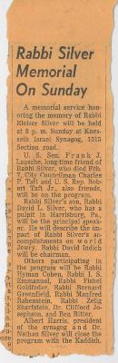 Letter from an unknown sender with a newspaper clipping of an article on Rabbi Silver's memorial