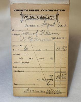 Receipt ledger booklet from Kneseth Israel Congregation, 6/1931