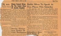 Newspaper clipping announcing two speeches from Rabbi E. Silver, 1960