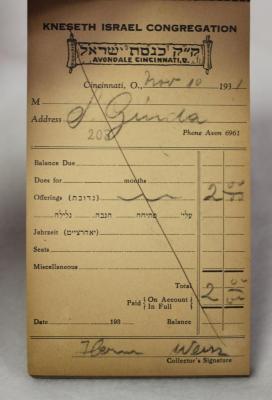 Receipt Ledger for Kneseth Israel Congregation, 6/1931