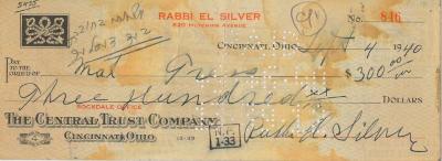 Check for $300 from Rabbi Eliezer Silver, 1940