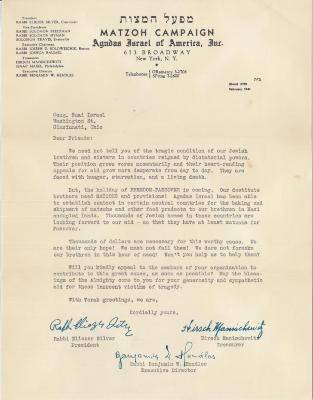 Agudath Israel of America Matzoh Campaign Fund Raising Appeal Letter from February 1941