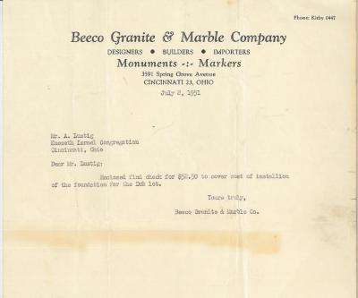 Letter from Beeco Granite &amp; Marble Company to Kneseth Israel regarding Foundation Installed, 1951
