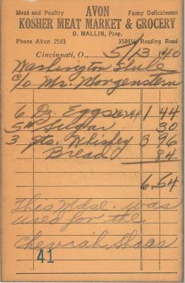 Receipt for Chevrah Shaas from Avon Kosher Meat Market and Grocery for $6.54, 1940