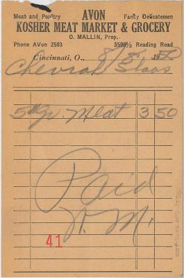 Receipt for Chevrah Shaas from Avon Kosher Meat Market and Grocery for $3.50, 1950