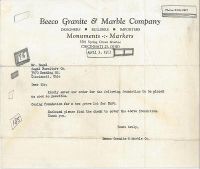 Letter from Beeco Granite &amp; Marble Company to Kneseth Israel regarding Foundation Installation for Grave Lots, 1953