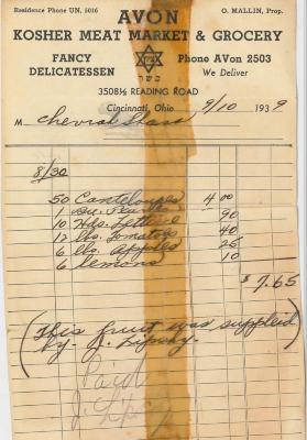 Receipt for Chevrah Shaas from Avon Kosher Meat Market and Grocery for $7.65, 1939