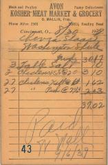 Receipt for Chevra Shaas from Avon Kosher Meat Market for for $37.02, 1939