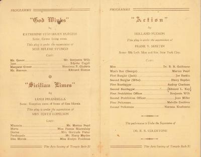 Program for two performances put on by the Arts Society of Temple Beth El, January, 1930
