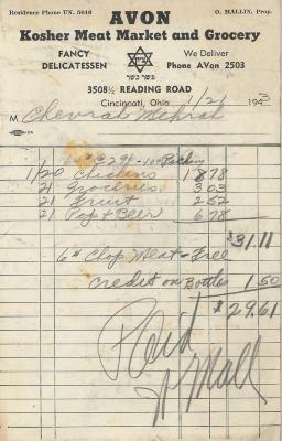 Receipt for Chevrah Shaas from Avon Kosher Meat Market and Grocery for $31.11, 1943