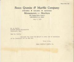 Letter from Beeco Granite &amp; Marble Company to Kneseth Israel regarding Foundation Installed, 1951