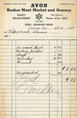 Receipt for Chevrah Shaas from Avon Kosher Meat Market and Grocery for $9.85, 1944