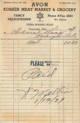 Receipt for Chevra Shaas from Avon Kosher Meat Market and Grocery for $20.89, 1939
