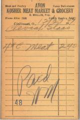 Receipt for Chevrah Shaas from Avon Kosher Meat Market and Grocery for $2.40, 1947
