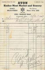 Receipt for Chevrah Shaas from Avon Kosher Meat Market and Grocery for $28.02, 1943