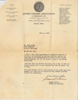 Letter of Congratulations from the Jewish Centers Associate to Edward Kay, 1930