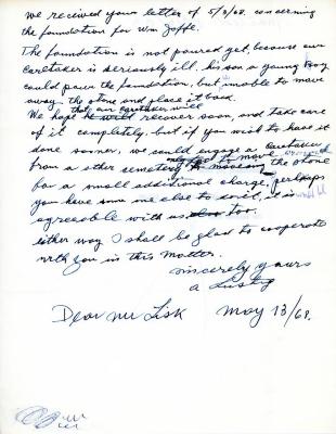 Letter from Kneseth Israel to Mr. Lisk concerning a foundation for a grave, May 13, 1968
