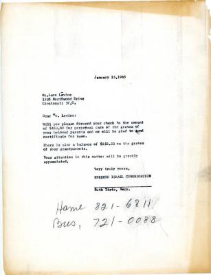 Letter from Leon Levine concerning perpetual care funds, January 13, 1965