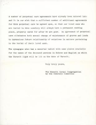 Letter announcing the Introduction of Perpetual Care at Kneseth Israel Congregation Cemetery