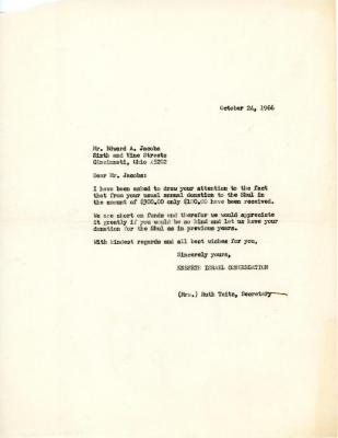 Letter from Kneseth Israel to Edward Jacobs concerning donations, October 24, 1966