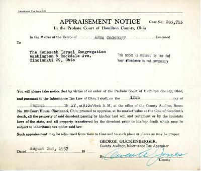 Appraisement Notice for the estate of Anna Groshoff, August 12, 1957