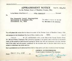 Appraisement Notice for the estate of Anna Groshoff, August 12, 1957