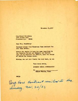 Letter from Kneseth Israel to Edward Doernberg concerning a perpetual care contract for his mother, November 21, 1967
