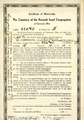 Dated January 19, 1950, Certificate of Ownership for lots at the Kneseth Israel Congregation Cemetery for Mr. Stablemen