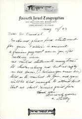 Letter from Kneseth Israel to Dr. Frankel concerning a statement of his father's, May 15, 1963
