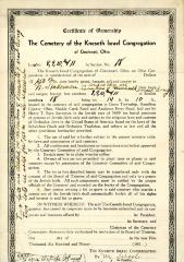 Dated January 19, 1950, Certificate of Ownership for lots at the Kneseth Israel Congregation Cemetery for Mr. Stablemen