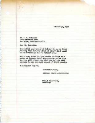 Letter from Kneseth Israel to A.B. Horowitz concerning his resignation from the shul, October 30, 1966