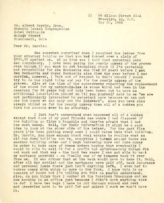 Letter from Lena Berkowitz to Kneseth Israel concerning perpetual care, May 30, 1966