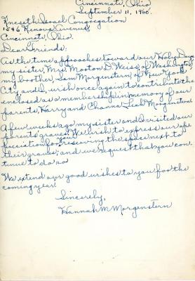 Letter from Hannah Morgenstern to Kneseth Israel concerning donation, September 11, 1960