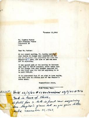 Letter from Kneseth Israel to Isadore Nathan concerning a reserved cemetery lot, November 21, 1963
