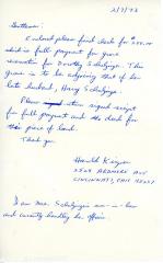 Letter from Harold Kinger to Kneseth Israel concerning his mother-in-law's funeral payment, February 7, 1973