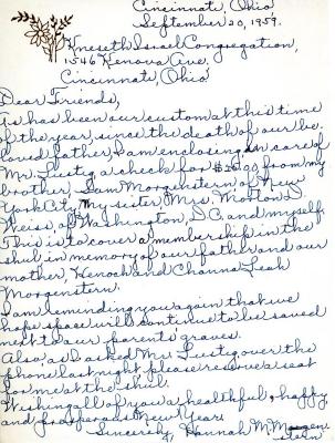 Letter from Hannah Morgenstern to Kneseth Israel concerning donations, September 20, 1959