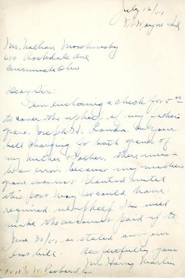Letter from Harry Marlin to Kneseth Israel concerning grave upkeep, July 16, 1951