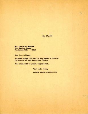 Letter from Kneseth Israel to Mrs. Joseph McAdams concerning a funeral bill, May 27, 1966