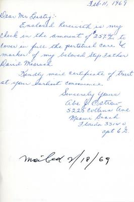 Letter from Abe Ostraw to Kneseth Israel concerning cemetery lot perpetual care, February 11, 1969