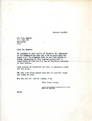 Letter from Kneseth Israel to M.S. Muskat concerning the purchase of cemetery lots, January 16, 1963