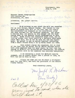 Letter from Anne Pensky to Kneseth Israel concerning funeral bills, June 6, 1966