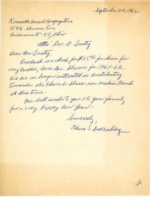 Letter from Edna Doenberg to Kneseth Israel concerning dues, September 24, 1962