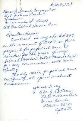 Letter from Abe Ostraw concerning perpetual care, December 31, 1968