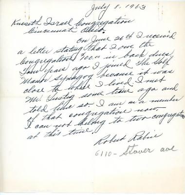 Letter from Robert Rabin to Kneseth Israel concerning dues, July 8, 1963