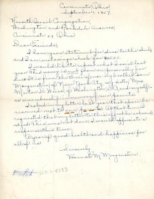 Letter from Hannah Morgenstern to Kneseth Israel concerning dues, September 1, 1957