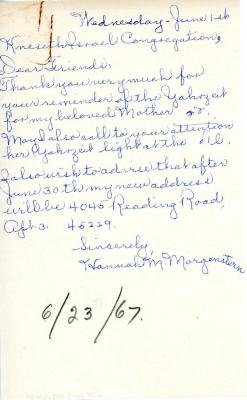 Letter from Hannah Morgenstern to Kneseth Israel concerning her mother's grave, June 1, 1967