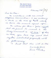 Letter from Mrs. John Frieden to Kneseth Israel concerning a payment made, February 4, 1971
