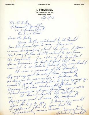Letter from I. Frankel to Kneseth Israel concerning perpetual care dues, May 23, 1963